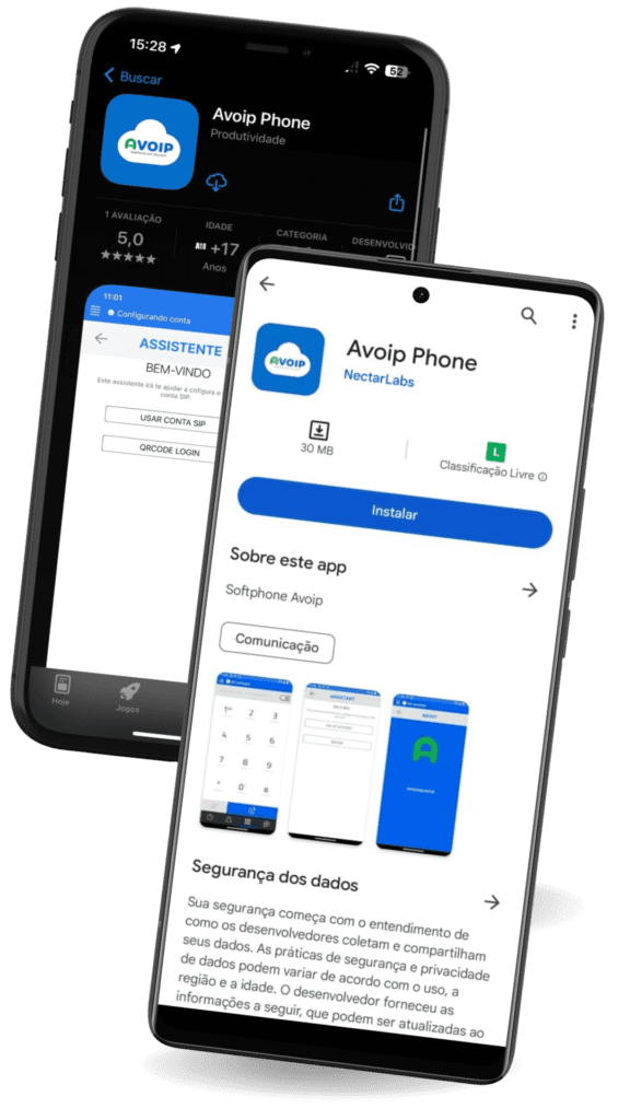 Celulares Android e IOS baixando o app Avoip Phone, o softphone Voip da Avoip